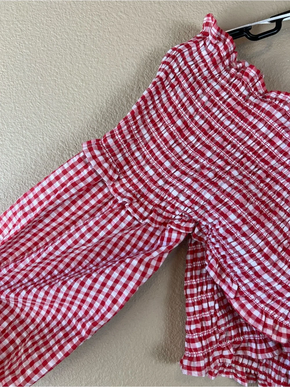 Zara red and white smocked gingham crop top